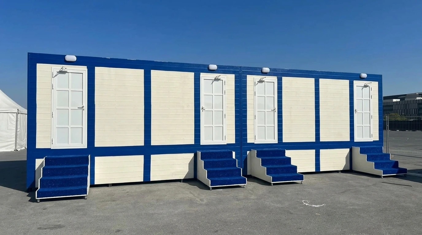 Royal Blue Trim Luxury Restroom Trailer
